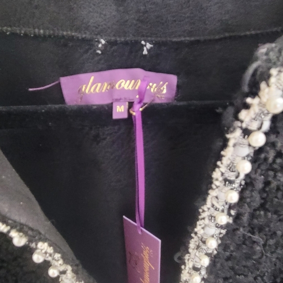 Glamourpuss NYC Faux Fur Blazer Black with Embroidered Pearl Trim Size M/L - Picture 2 of 8